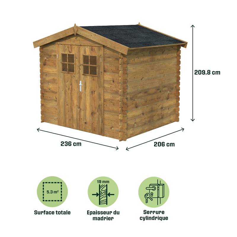 Abri de jardin Klikstrom MOKAU 5.3m² bois traité autoclave marron