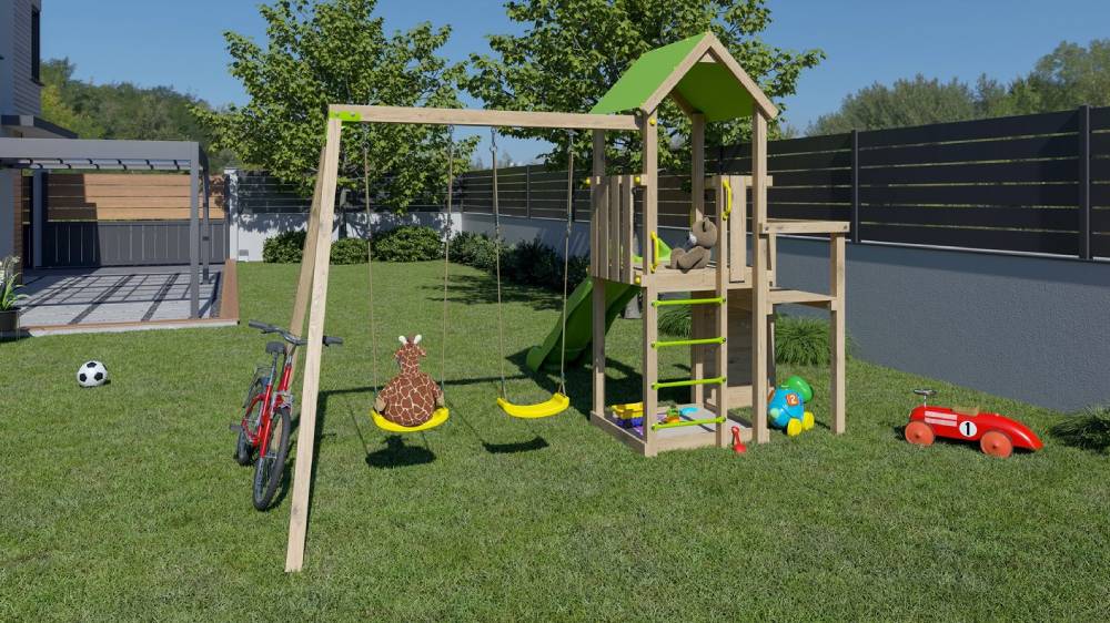 Aire de jeux en bois ULTRA XPERIENCE TRIGANO JARDIN 2.20 m 8 enfants Mur d'escalade toboggan et balançoires