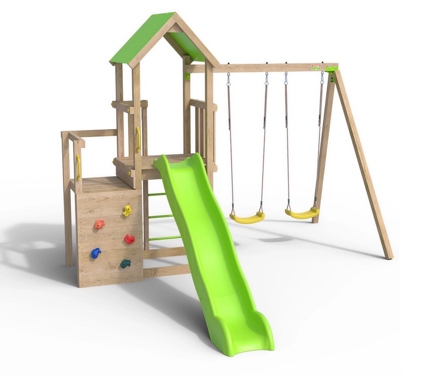 Aire de jeux en bois ULTRA XPERIENCE TRIGANO JARDIN 2.20 m 8 enfants Mur d'escalade toboggan et balançoires