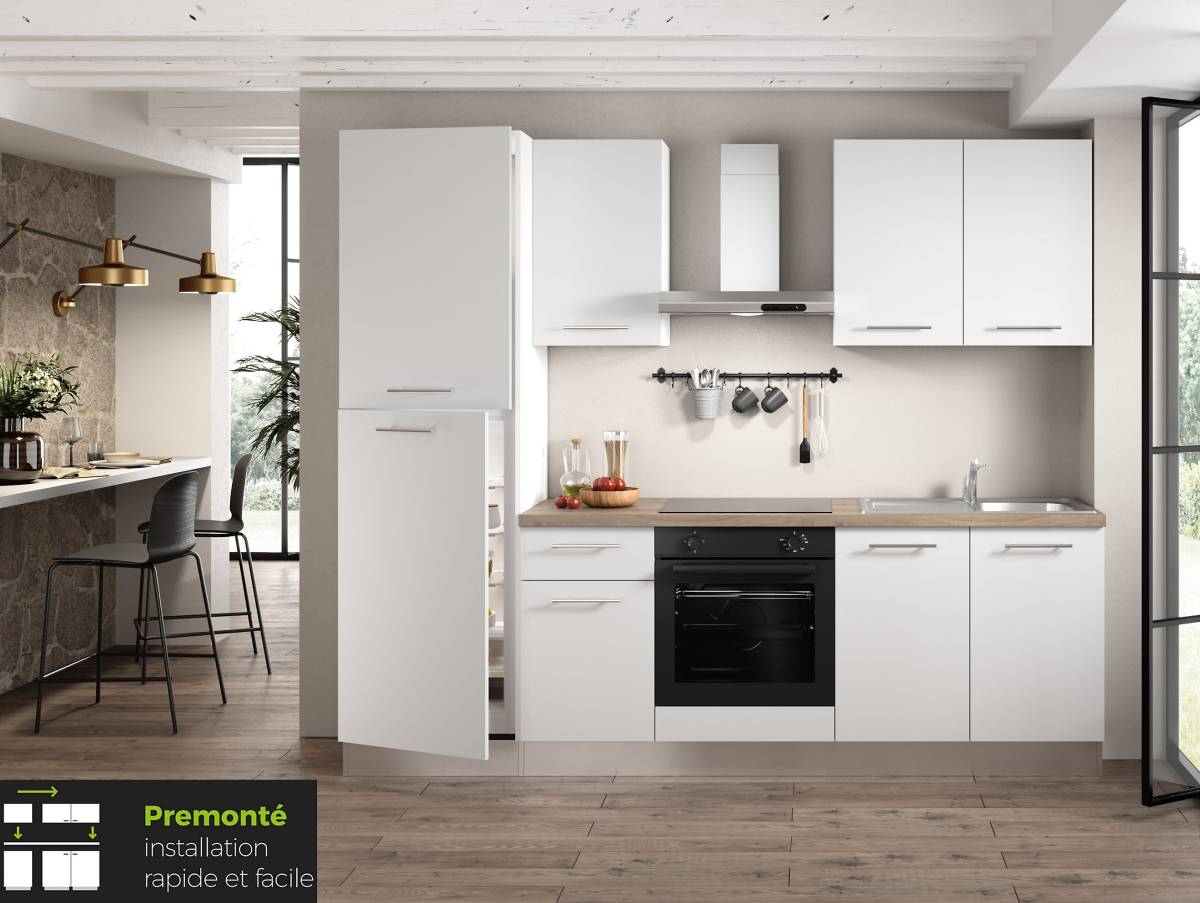 Cuisine complète montée All in MONICA L. 255 cm blanc avec électroménager - Castorama