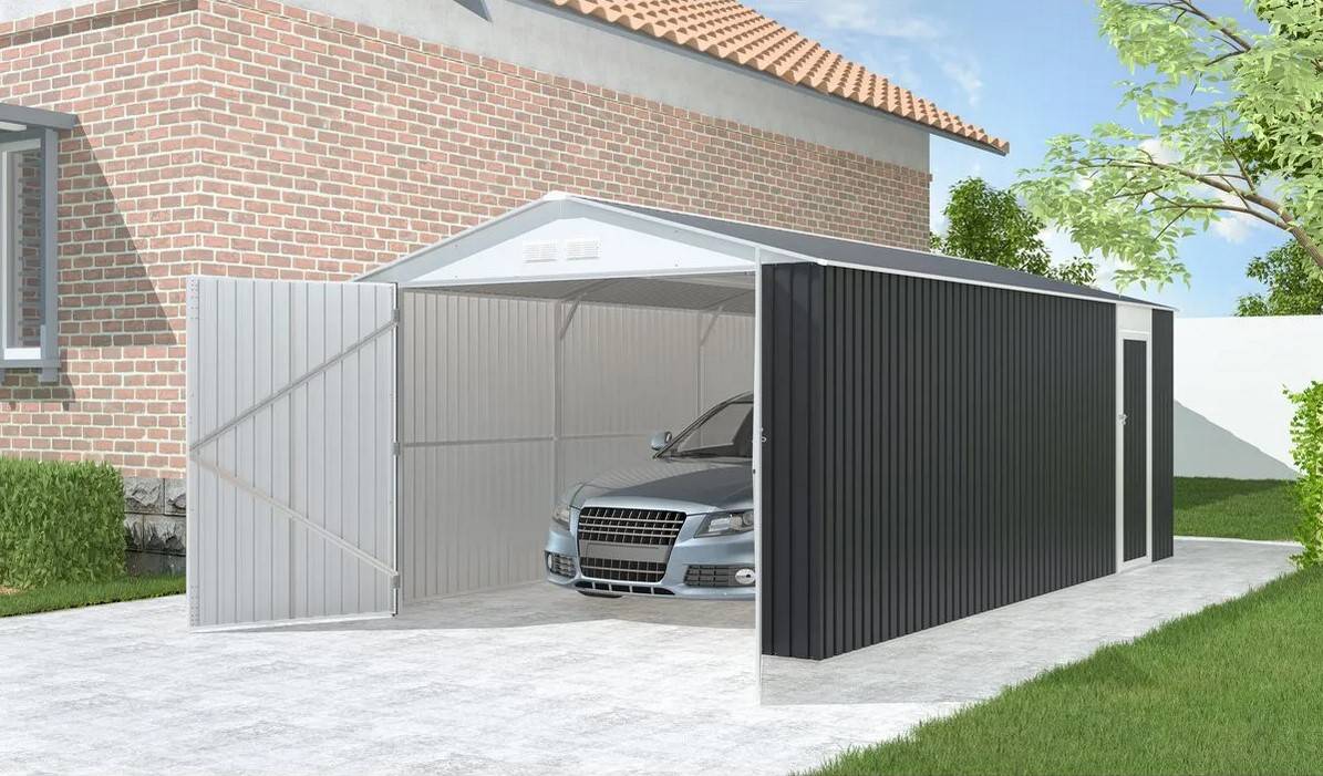 Garage en métal HOUSTON 18.36m² avec gouttière et récupérateur d'eauu - Habritat et Jardin