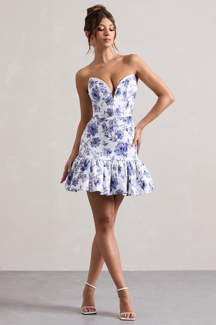 Mini-robe KOKO à imprimé floral décolleté en coeur et volants sur la longueur