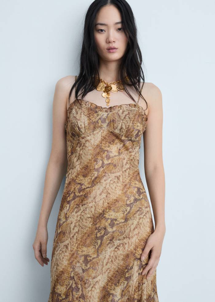 MANGO BELLA Robe gaze en imprimé serpent marron