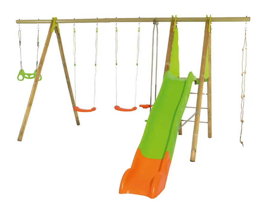 Station de jeux bois poutre métal TECHWOOD MAKUTA 2.30 m + toboggan 8 enfants