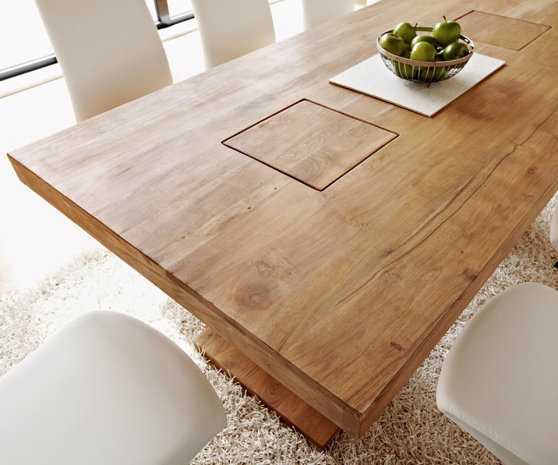 Table à manger INDRA acacia nature massif table à colonnes 200x100 cm - Delife