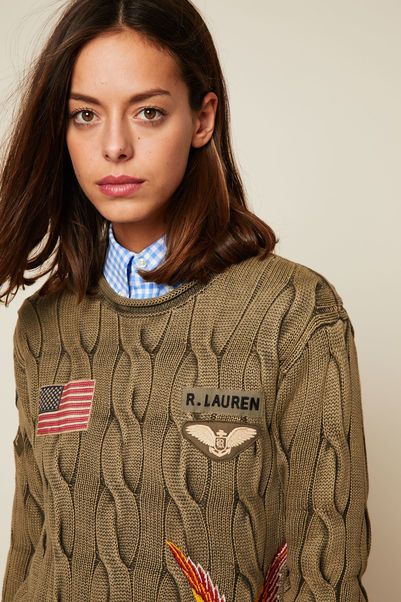 Polo Ralph Lauren Pull brodé en maille tressée empiècements fantaisie - Monshowroom