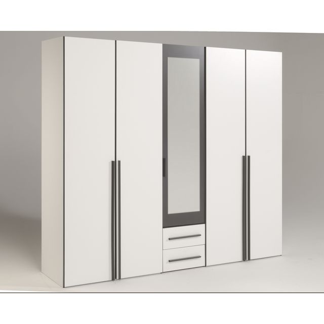 Armoire 5 portes LIXA, 1 miroir, bois, blanc et gris - Armoire Mistergooddeal